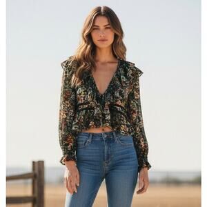 Free People Cropped Ruffled Mesh Blouse